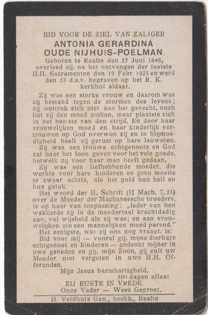 Antonia G. Oude Nijhuis - Poelman 1848 - 1925 Raalte, 76 jr, Verzenden