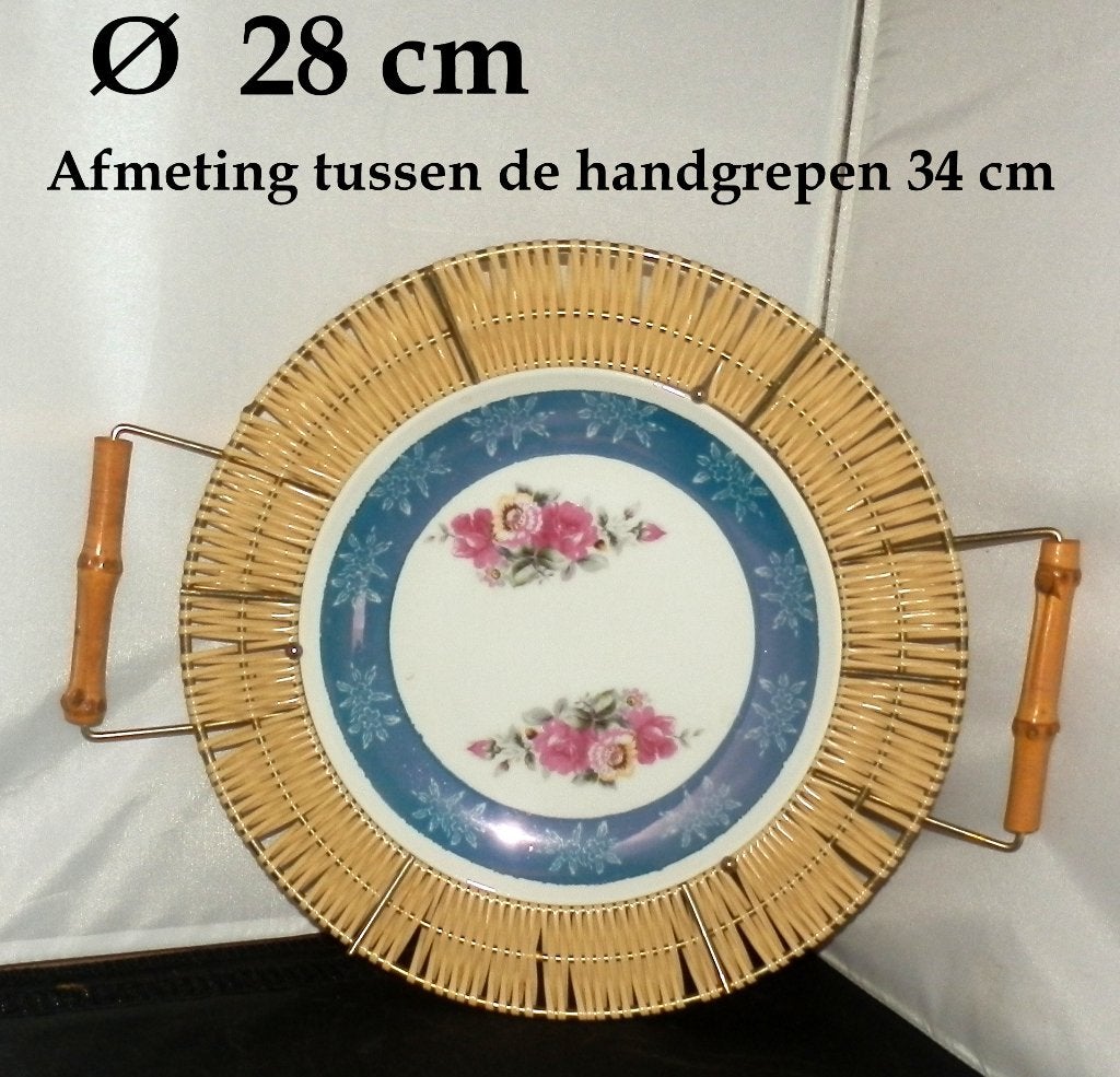 Retro wandbord met rieten rand ø 28 cm, Ophalen of Verzenden, Zo goed als nieuw