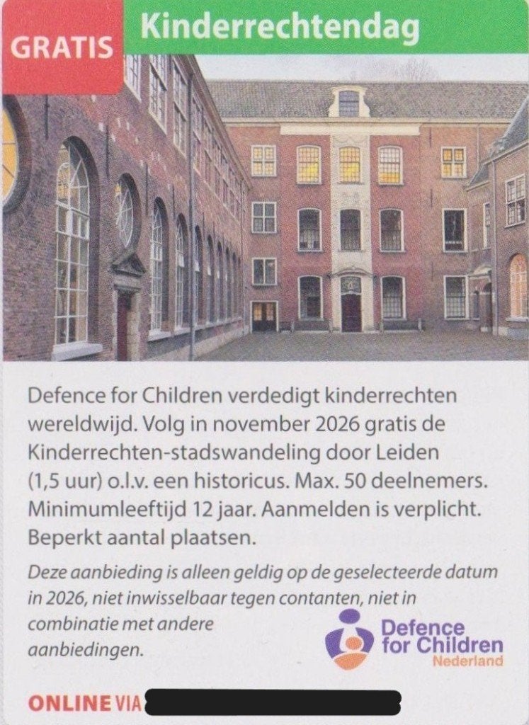 Kinderrechtendag. Leiden. Gratis Postcodeloterij voordeelbon, Drie personen of meer, Kortingsbon