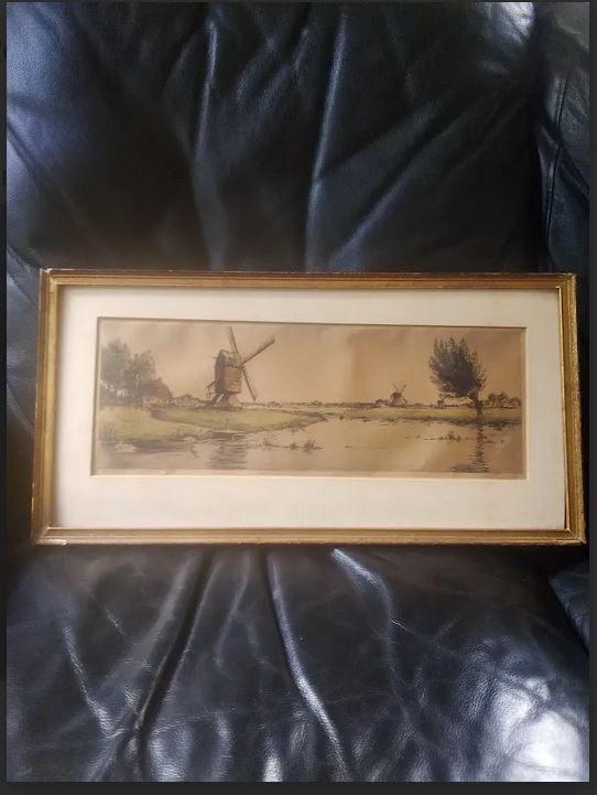 Kleurenets 'Polderland' van Antoon Hemert(1883-1944)gesignee, Antiek en Kunst, Kunst | Etsen en Gravures, 25 cm, Ets, 50 cm, Ophalen of Verzenden