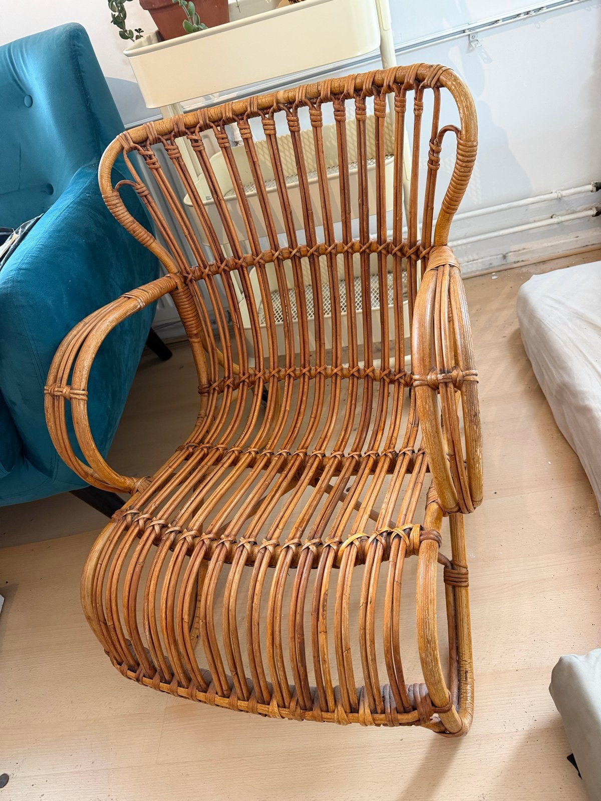 Vintage rotan stoel fauteuil, Huis en Inrichting, Stoelen, Ophalen, Gebruikt, Bruin, Riet of Rotan
