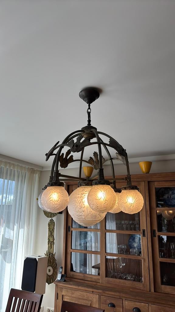Muller Fres Luneville  Kroonluchter brons vertind., Ophalen, Gebruikt, E27 (groot), Glas