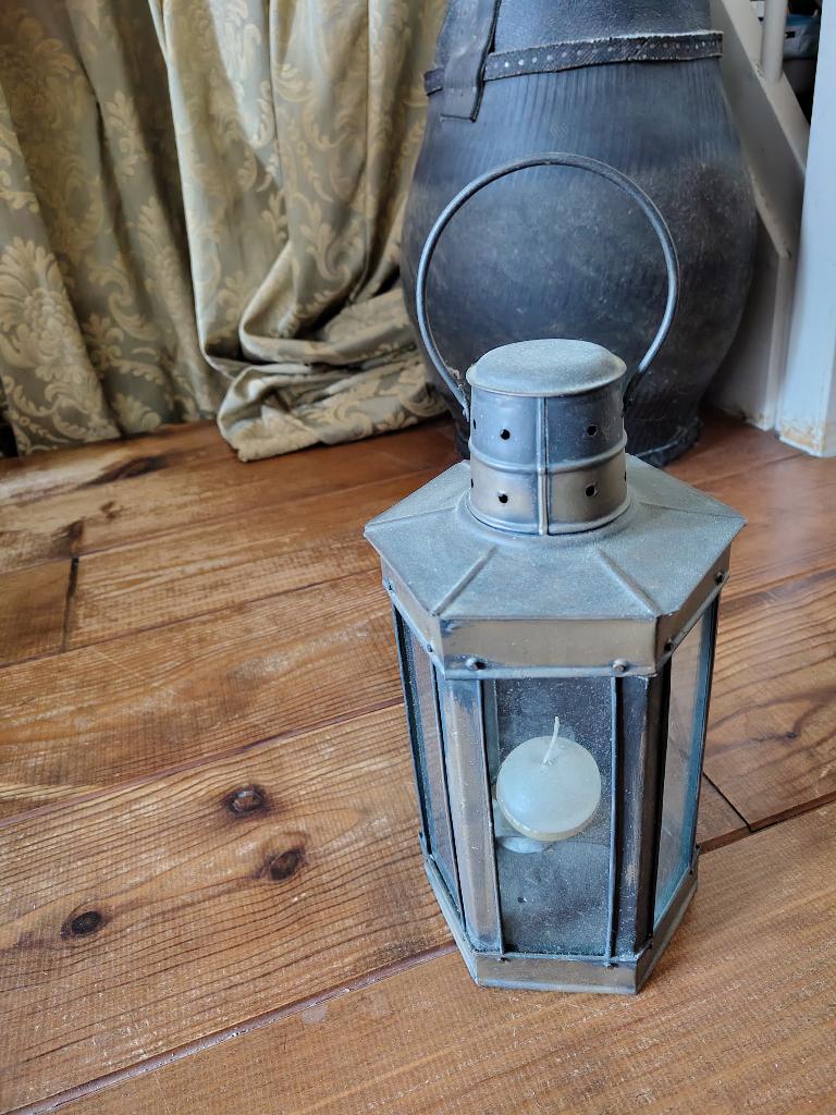 Ijzeren koperkleurige 6-hoekige lantaarn, hoogte 30 cm, Gebruikt, 25 tot 50 cm, Ophalen of Verzenden, Metaal