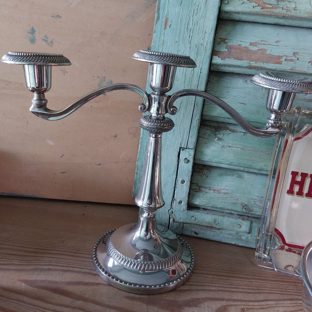 Mooie brocante verzilverde kandelaar voor 3 kaarsen, Ophalen of Verzenden, Zilver