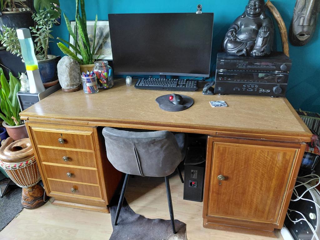 Vintage houten bureau met lades en opbergruimte, Ophalen, 160 cm, Gebruikt, Hout