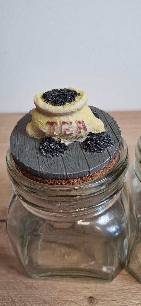 glazen voorraadpotten koffie thee suiker decoratieve deksels, Ophalen of Verzenden