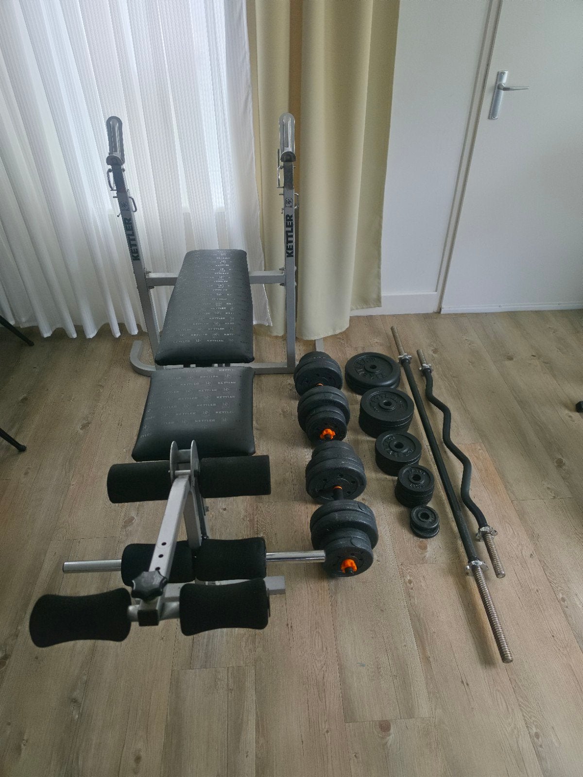 complete fitness set, 96kg, halterbank, halterstang dumbells, Ophalen, Gebruikt, Benen, Fitnessbank