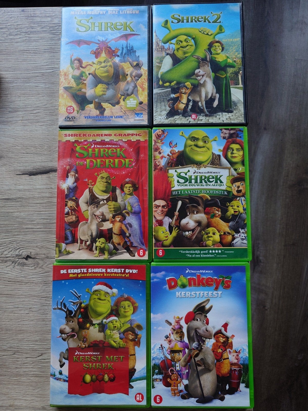 Shrek 1,2,3,4 + 2x Kerst DvDs, Alle leeftijden, Ophalen of Verzenden, Zo goed als nieuw