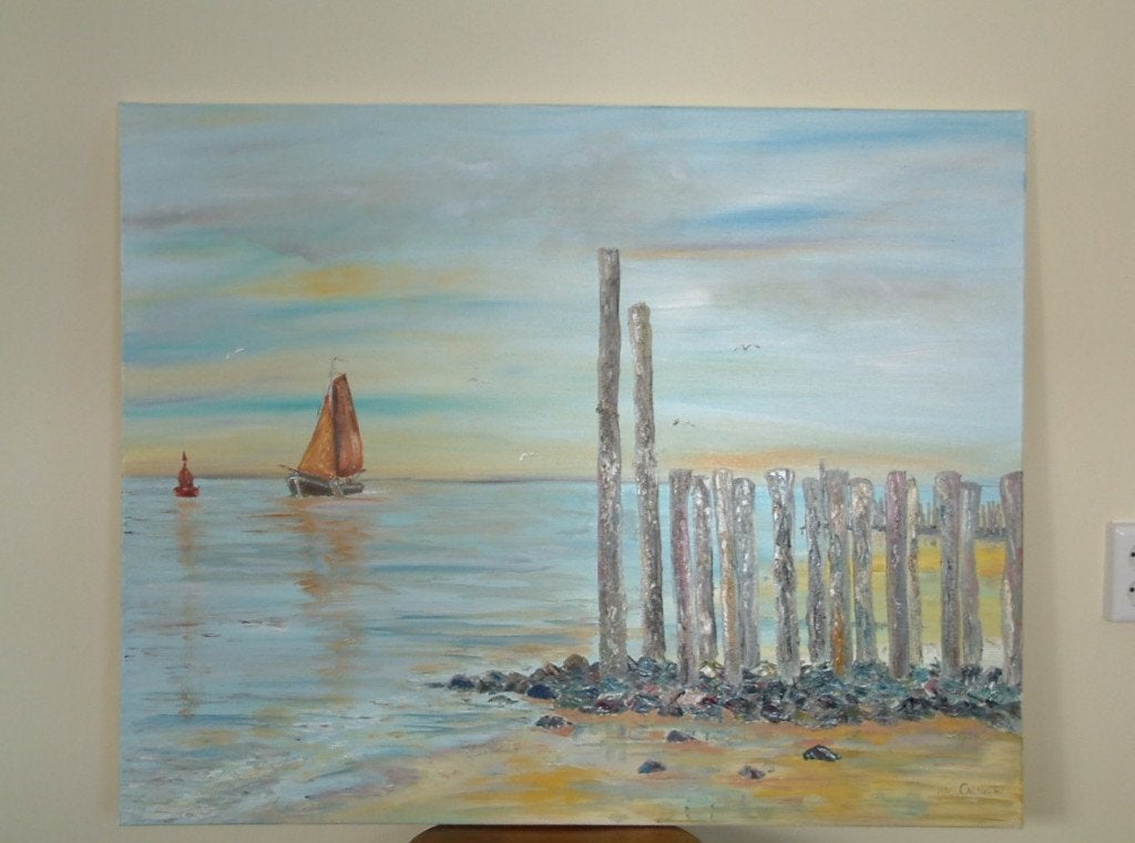 groot schilderij met strand met zeilboot   100 x 80 cm, Antiek en Kunst, Maritiem / water, Doek, Ophalen of Verzenden, Olieverf