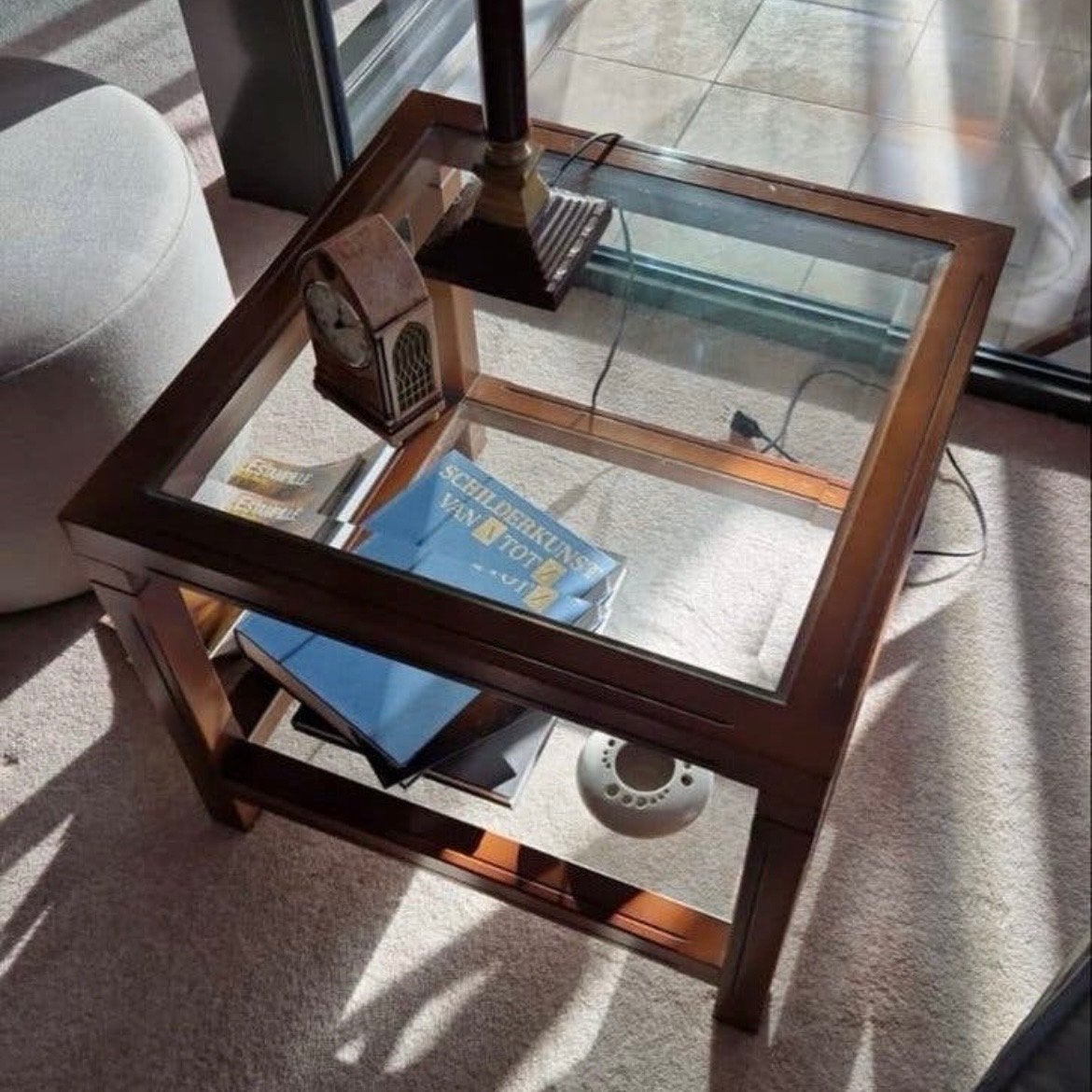 Salontafel/Bijzettafel Hout met Glas 60x60 cm, Gebruikt, Vierkant, 55 tot 75 cm, Hout