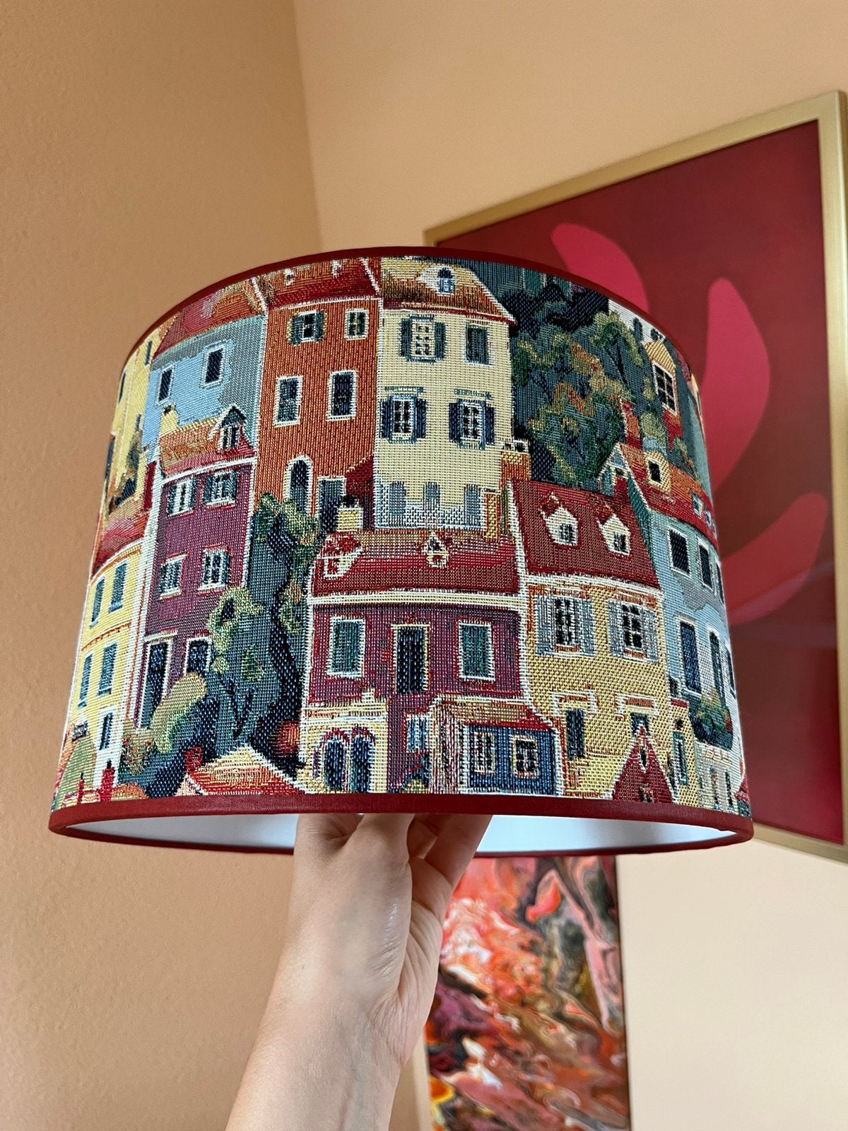 Lampenkap 30cm mediteraanse huisjes kleurrijk stadshuisjes, Ophalen, Zo goed als nieuw, Wit, Rond