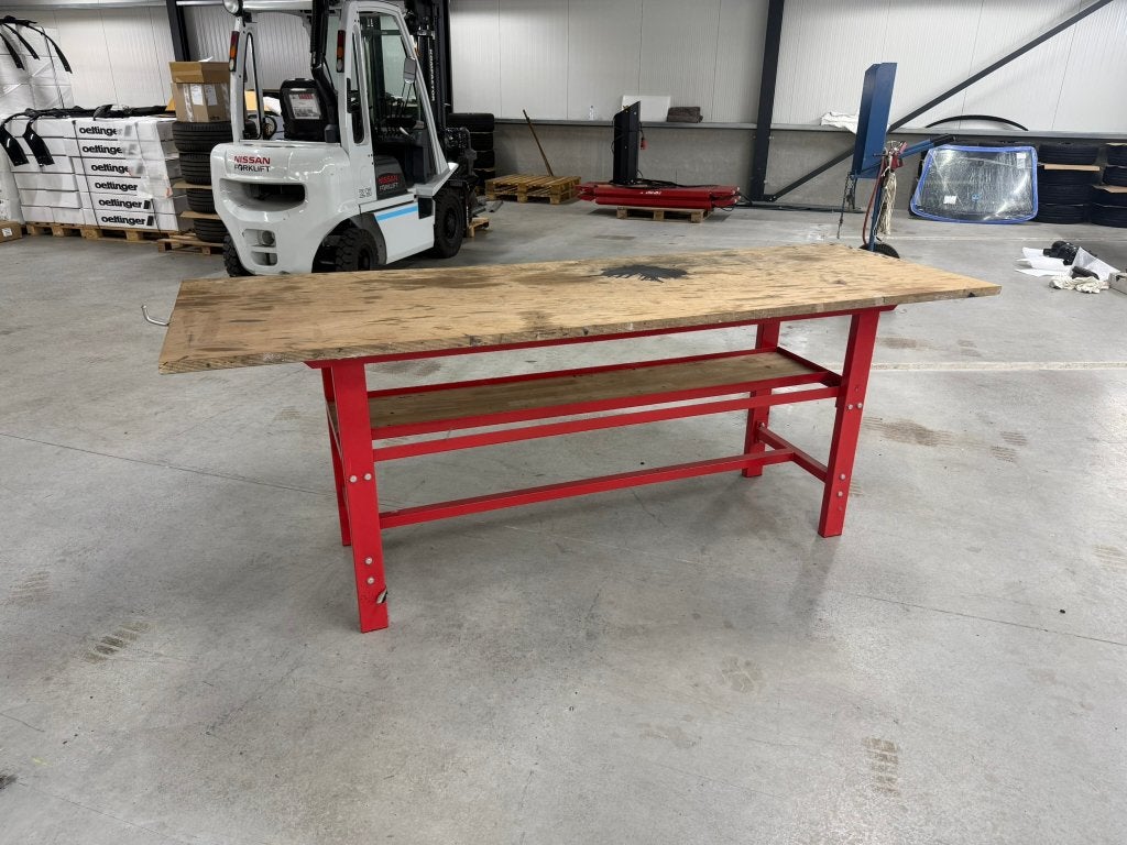 Werkbank/Werktafel met stalen frame en massief houten blad, Ophalen, Gebruikt, 170 cm of meer