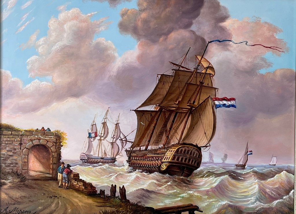 Schilderij zeeslag. Alfonso Moreno., Antiek en Kunst, Kunst | Schilderijen | Klassiek, Ophalen of Verzenden