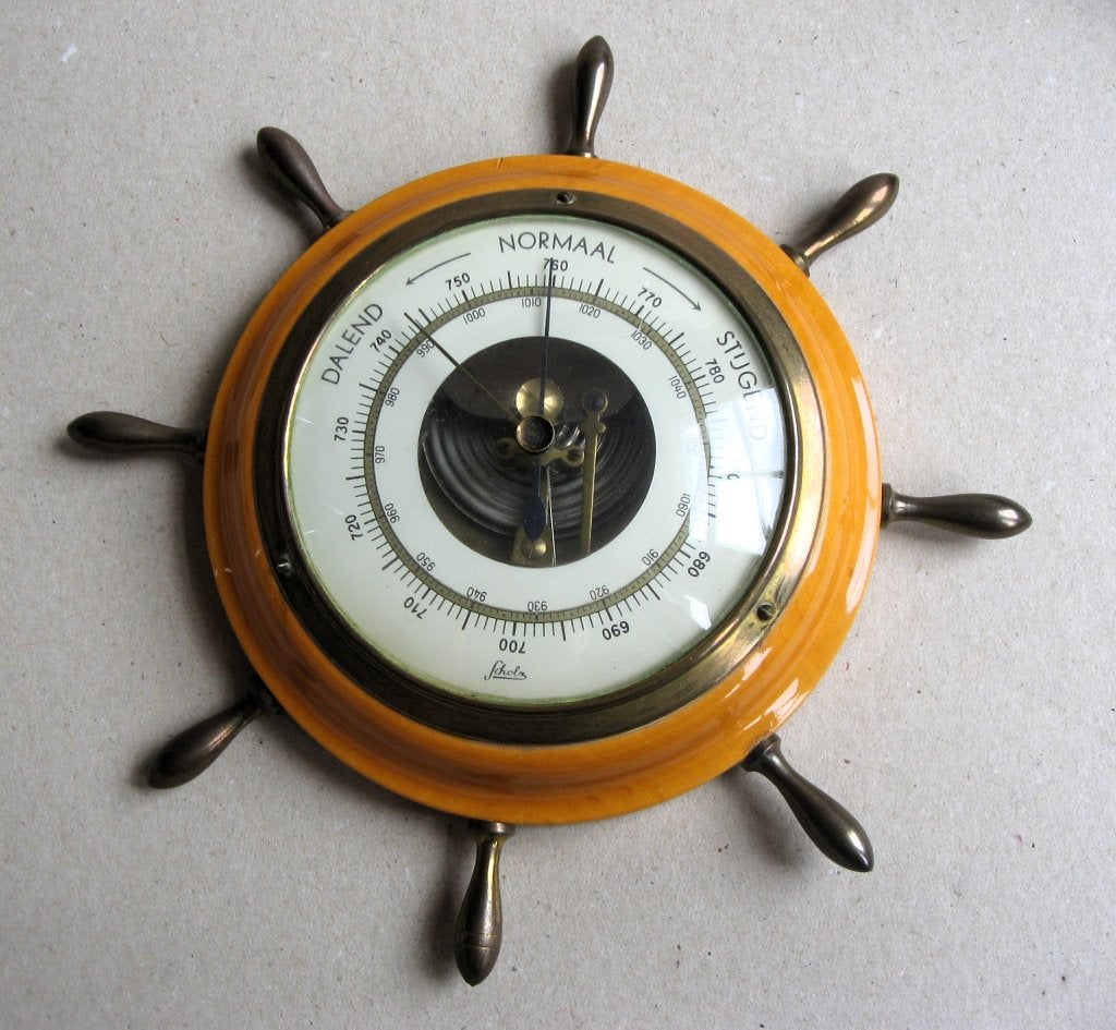 Vintage Scholz scheeps barometer, hout en messing jaren 70, Ophalen of Verzenden
