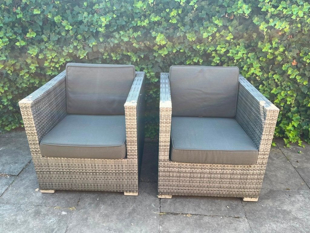 Lounge stoelen met tafel, Tuin en Terras, Kunststof, Gebruikt, Bijzettafel, Loungeset