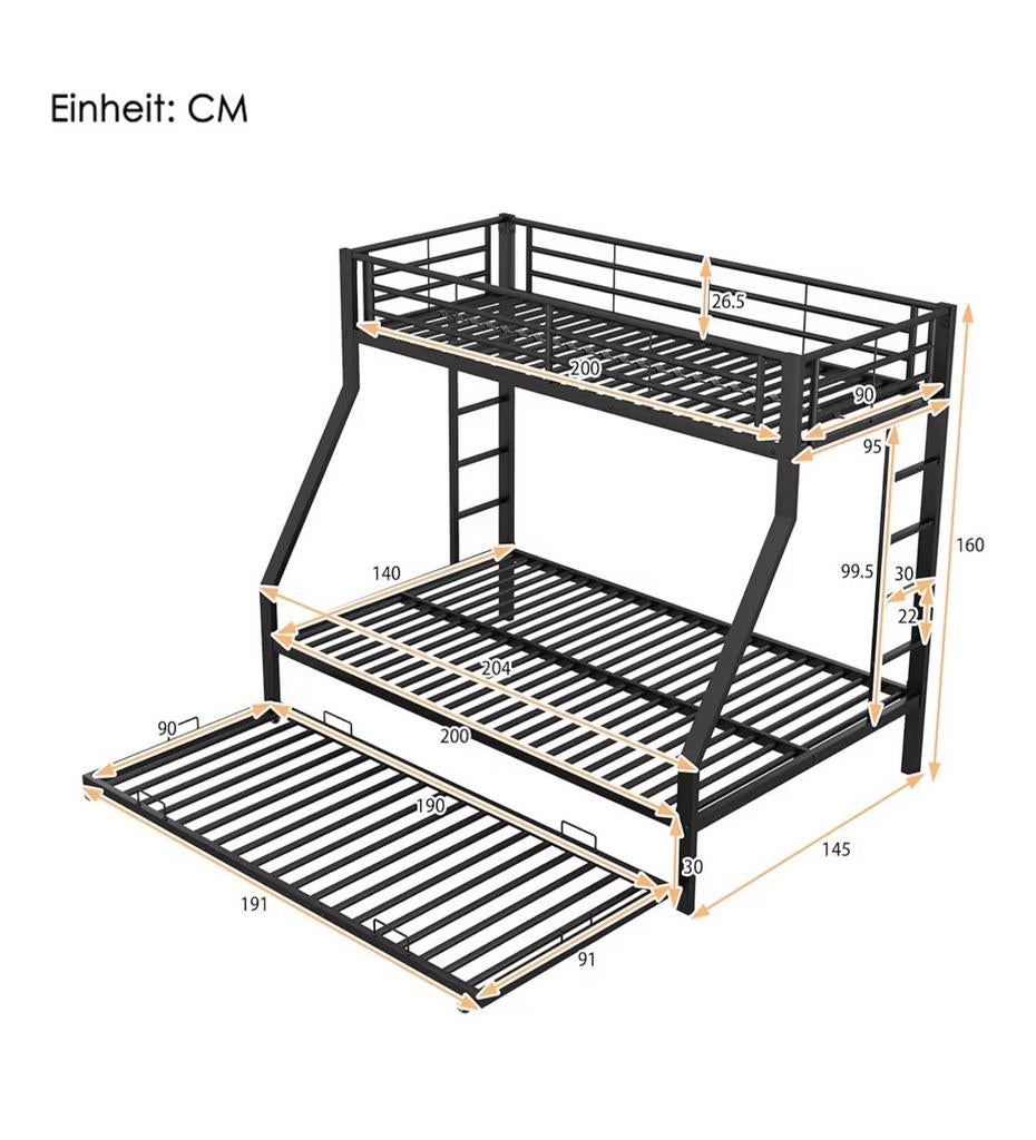 Zwart metalen stapelbed met uitschuifbaar bed - Modern, Ophalen, Gebruikt, Zwart, Tweepersoons