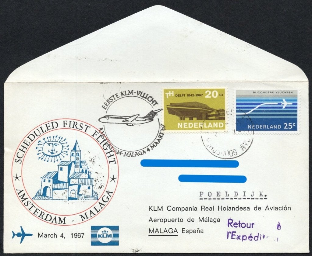 1e KLM vlucht Malaga Spanje 1967, Verzenden, Envelop