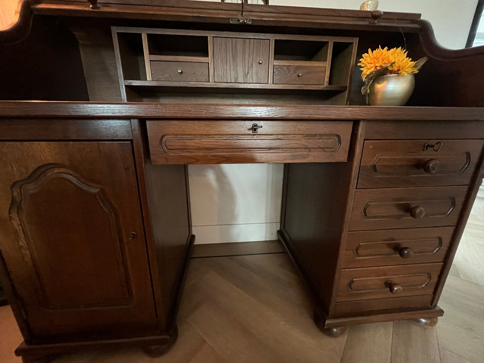 Massief eiken secretaire in notentint, Ophalen, Gebruikt