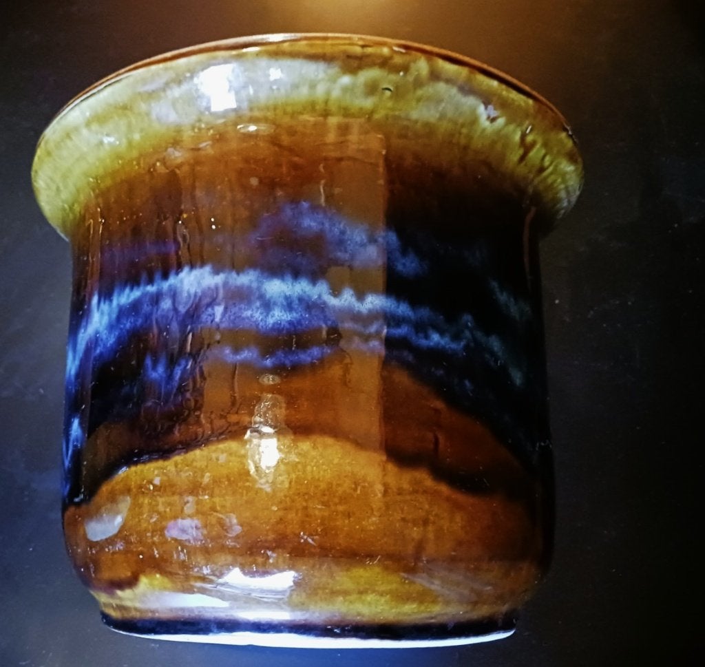 Vintage Fat Lava Bloempot met Blauwe Drip Glaze / Jaren 70 , Rond, Binnen, Zo goed als nieuw, Minder dan 40 cm