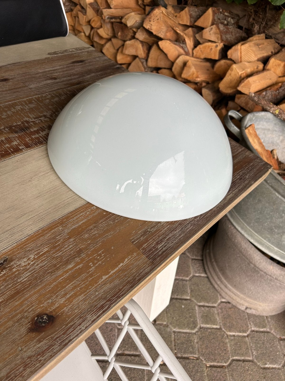 Vintage Plafonnière Opaalglas Messing Mid-Century Modern, Huis en Inrichting, Ophalen, Gebruikt, Glas, Wit