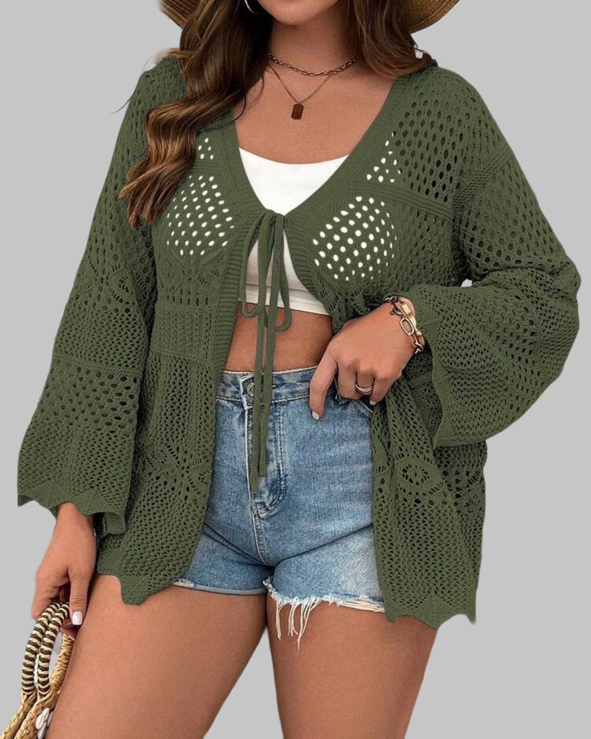 Gehaakt vest met strik detail - Legergroen ( 44-50), Verzenden, Nieuw, Groen, Trui of Vest