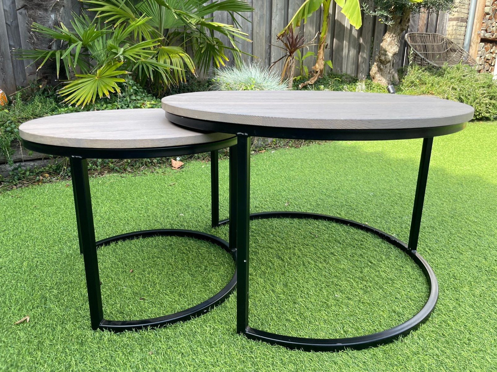 Salontafel set voor in huis (2 tafels) HACO greywash metaal, Ophalen, Gebruikt, 50 tot 100 cm, Rond