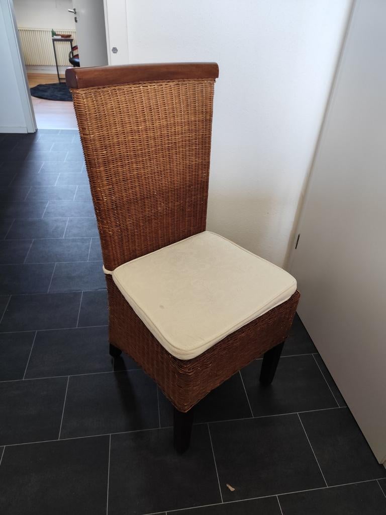 5 rieten stoelen met kussens, Huis en Inrichting, Ophalen, Gebruikt, Bruin, Hout