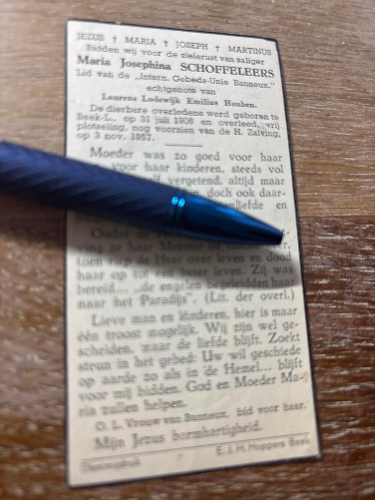 Schoffeleers Maria 1906 Beek 1957 x Houben - E01233 -, Ophalen of Verzenden, Bidprentje