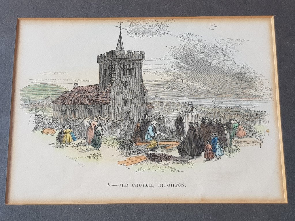 Old church Brighton mooie antieke Engelse ingelijste ets., 1800 - 1899, Ets, Met tekst, Ophalen of Verzenden