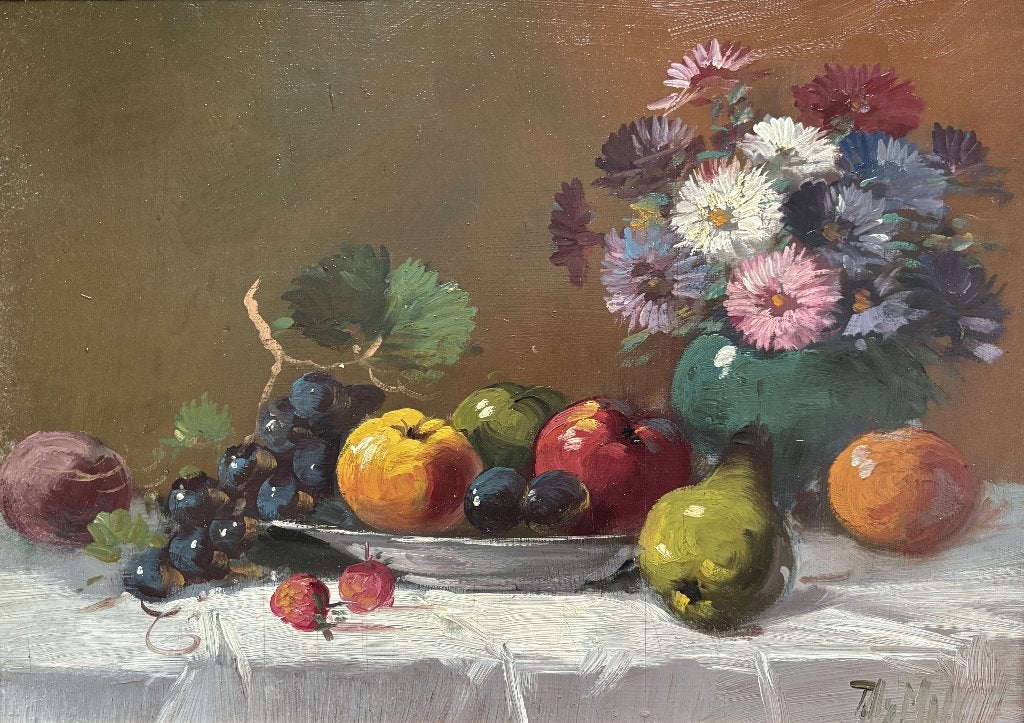Tilly Moes (1899-1979) - Stilleven met bloemen en fruit, Antiek en Kunst, Kunst | Schilderijen | Klassiek, Bloemen, Paneel, Ophalen of Verzenden