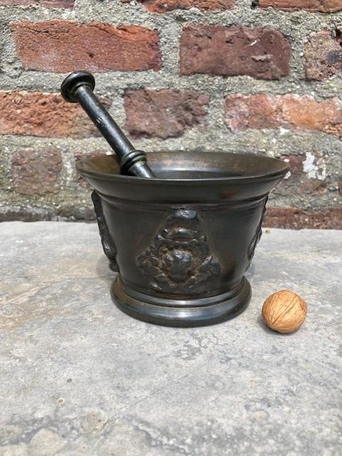 antieke bronzen vijzel, brons, mortier, 17 de, putti, engel., Antiek en Kunst, Ophalen of Verzenden