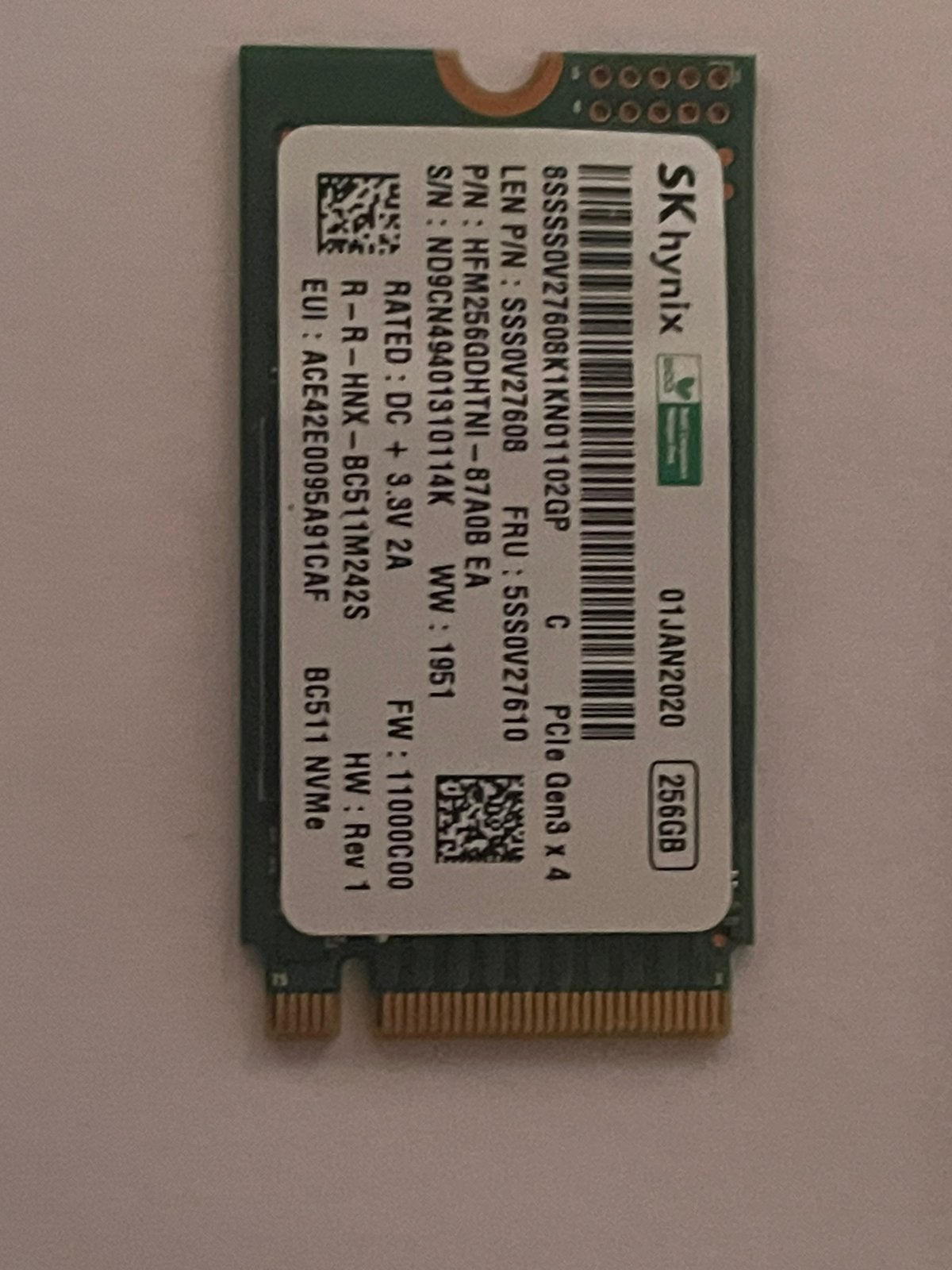 SK hynix 256GB NVMe M.2 SSD – PCIe Gen3 x4, Ophalen of Verzenden, Zo goed als nieuw, Laptop, Overige aansluitingen