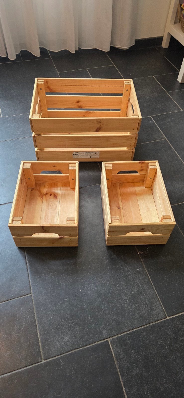 Set van 3 IKEA KNAGGLIG houten kistjes (2 klein, 1 groot), Huis en Inrichting, Minder dan 50 cm, Gebruikt, 50 tot 100 cm, Ophalen of Verzenden