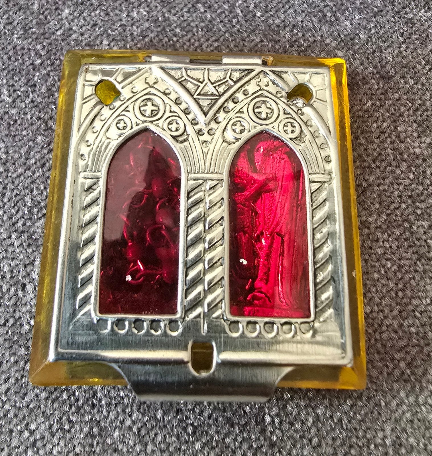 Vintage katholiek pocket shrine met rozenkrans en Maria, Ophalen of Verzenden, Gebruikt