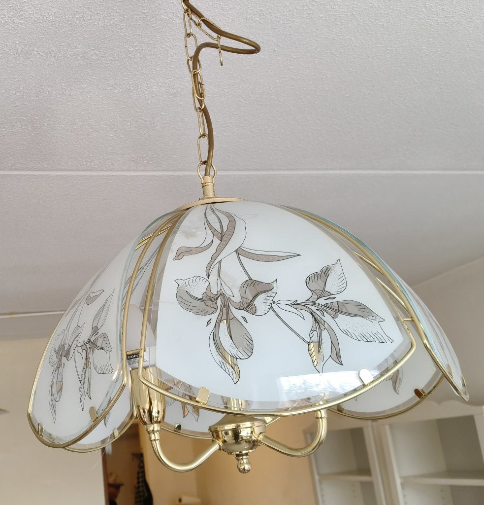 Vintage jaren 70 hanglamp goudkleurig, mat glas € 100,00, Ophalen, Gebruikt, Glas