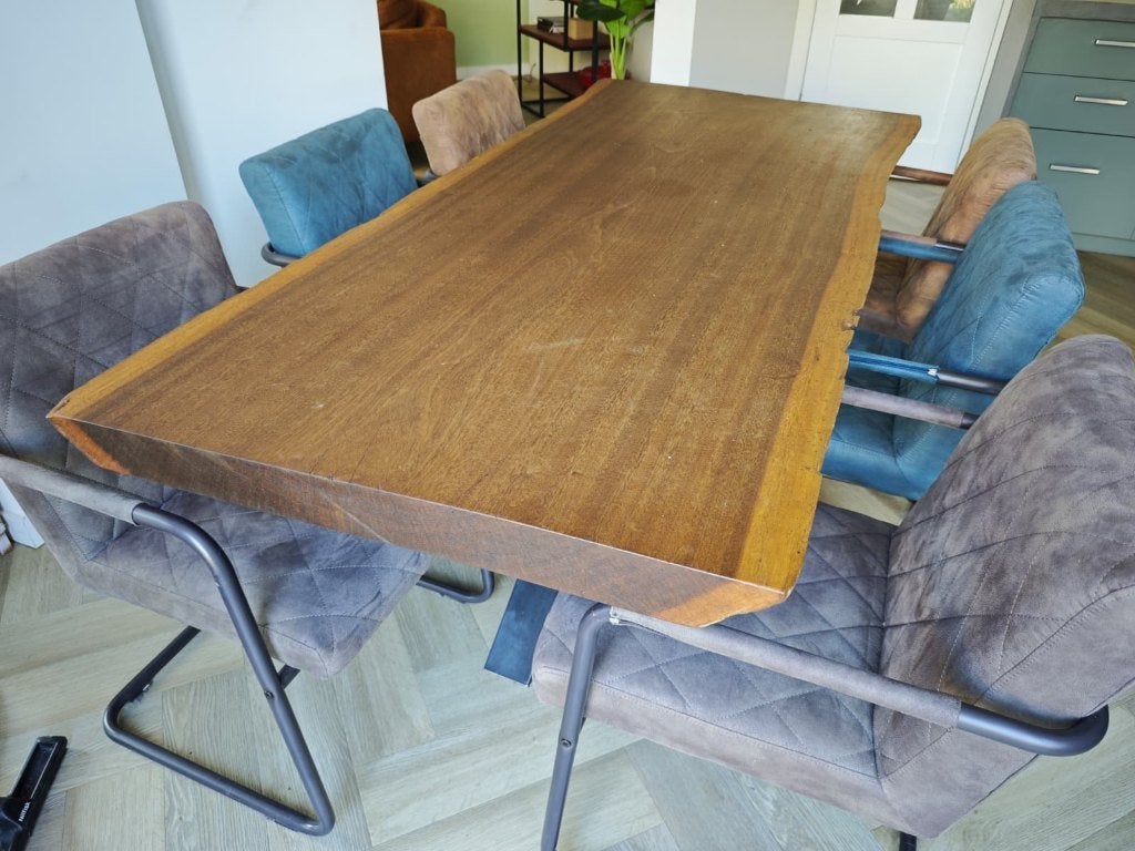 Mahonie boomstamtafel eetkamerset, Huis en Inrichting, Tafels | Eettafels, Gebruikt, 100 tot 150 cm, 200 cm of meer, Vijf personen of meer