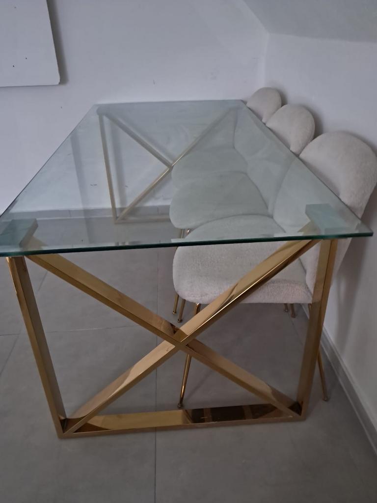 Set van eettafel en salontafel - Goudkleurig met glas, Ophalen, 100 tot 150 cm, 50 tot 100 cm, Vier personen