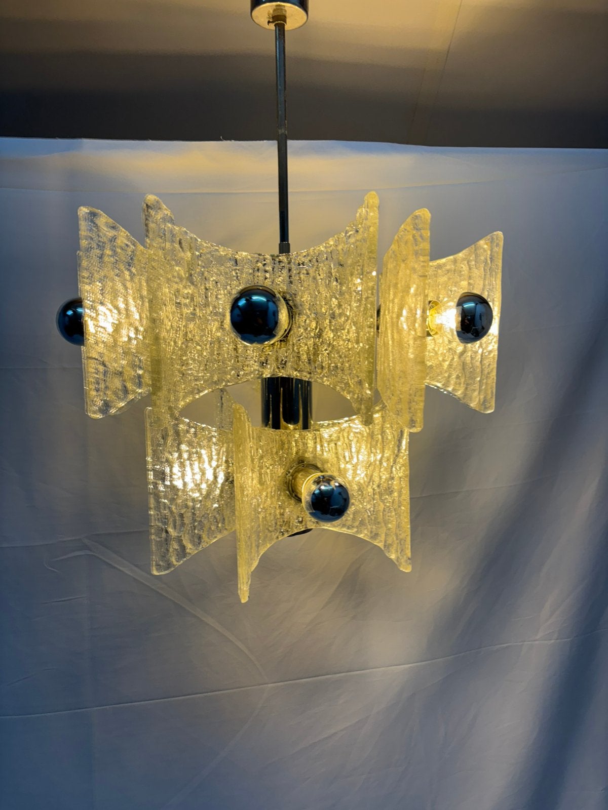 Vintage sputnik ijsglas hanglamp Kaiser Leuchten space age, Ophalen of Verzenden, Gebruikt, Glas
