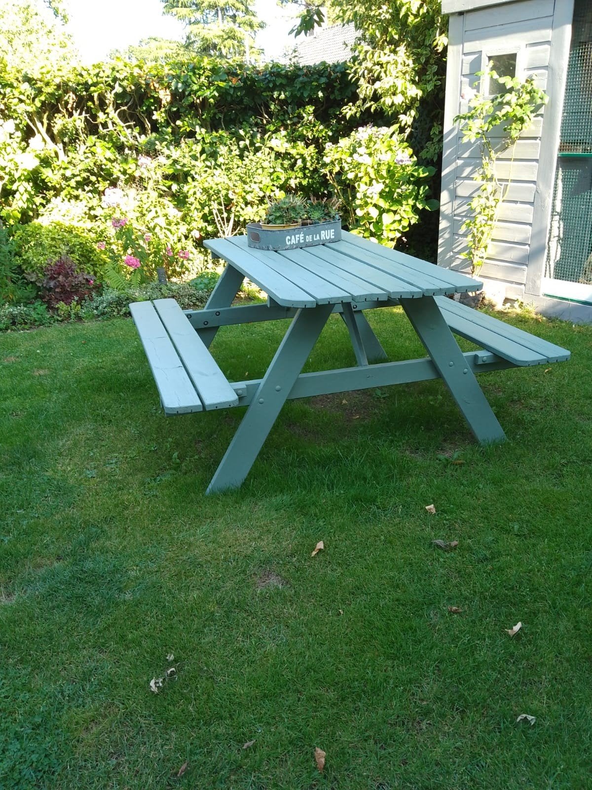 Picknicktafel grijsgroen - Goede staat, Ophalen, Gebruikt, Rechthoekig, Hout