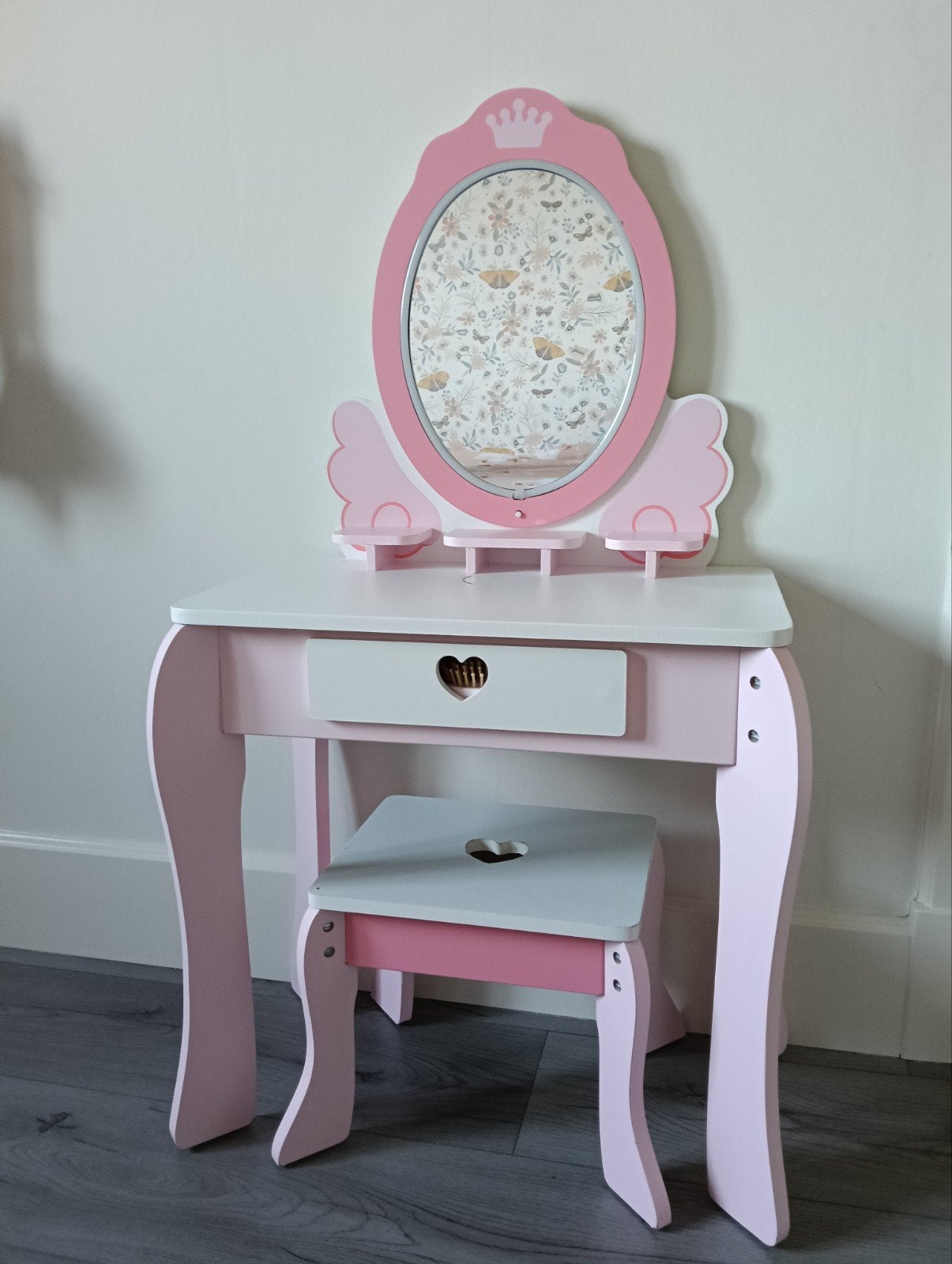 Roze houten kaptafel met krukje en accessoires, Ophalen, Gebruikt, Prinses, Kinder, Speelgoed, 50 tot 100 cm