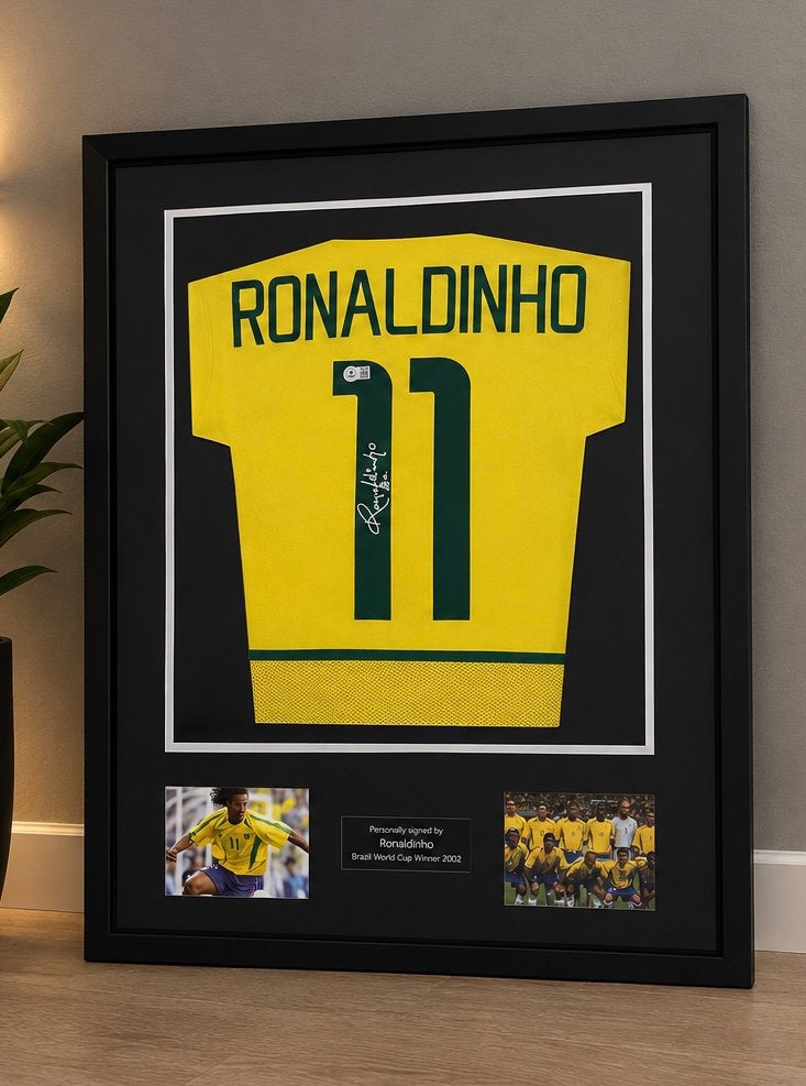 Ronaldinho Brazilië WK 2002 gesigneerd shirt Beckett, Ophalen of Verzenden, Zo goed als nieuw, Film en Tv