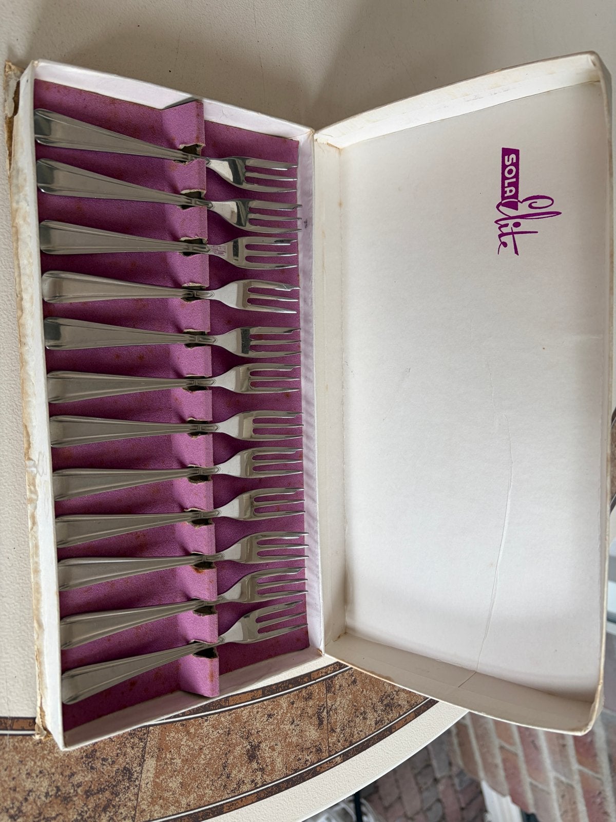 Sola Elite gebaksvorkjes in originele doos, 12 stuks, Antiek en Kunst, Ophalen of Verzenden