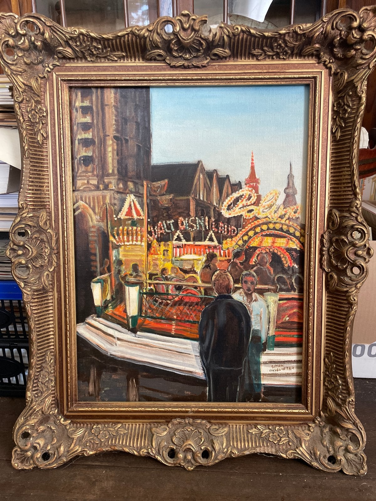 Schilderij Kermis Deventer jaren '70 - Simon Bosschieter, Ophalen, Doek, Realistisch, Gesigneerd