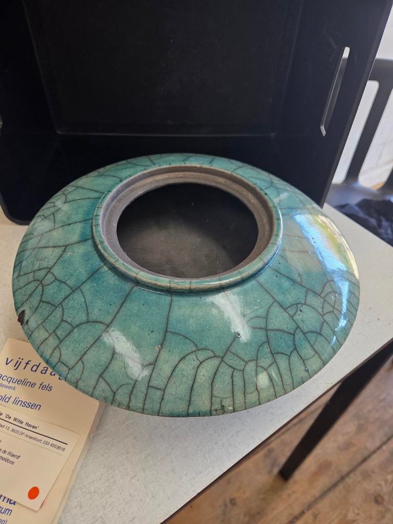 Unieke Craquelé Keramische Schaal - Groen/Blauw, Antiek en Kunst, Ophalen of Verzenden