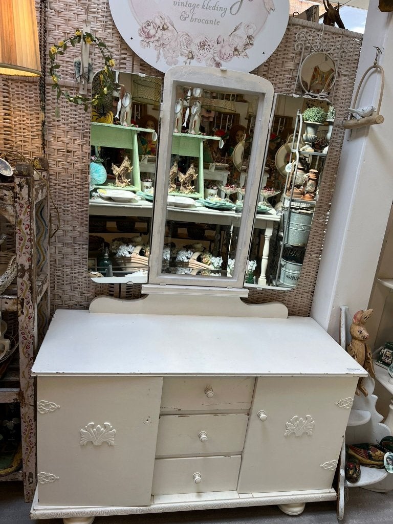 Brocante witte toilettafel - wastafelkast - ladenkast, Ophalen, ---, 50 tot 100 cm, ---