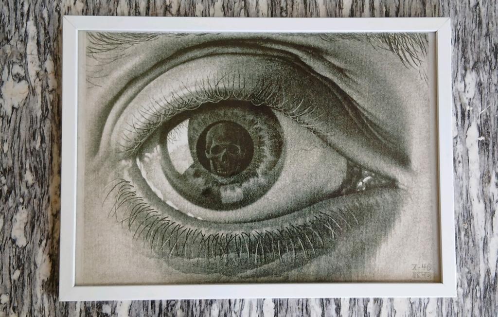Escher Unieke Oog met Schedel Kunstprint in Lijst (23x32 cm), Ophalen of Verzenden
