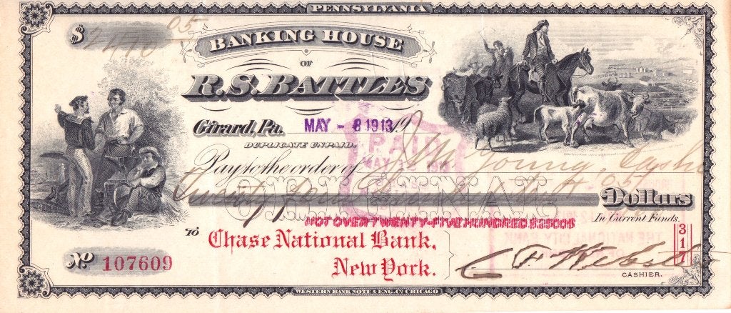 CHASE NATIONAL BANK NEW YORK 1913 BANKING HOUSE R.S.BATTLES, Ophalen of Verzenden, Overige landen