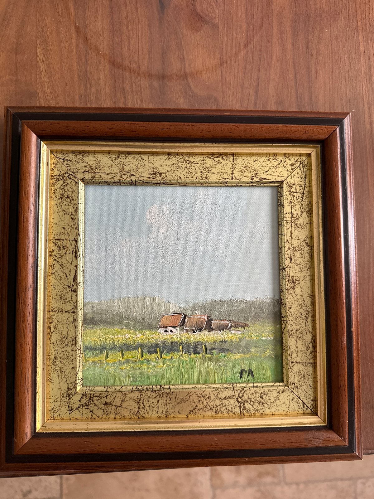 Schilderij Landschap met boerderij en koeien, Doek, Realistisch, Ophalen of Verzenden, Gesigneerd