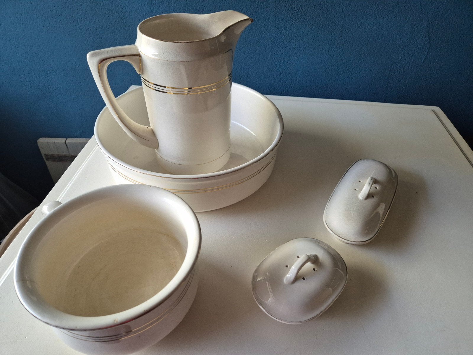 Vintage waskom set met kan en zeepbakjes, Ophalen