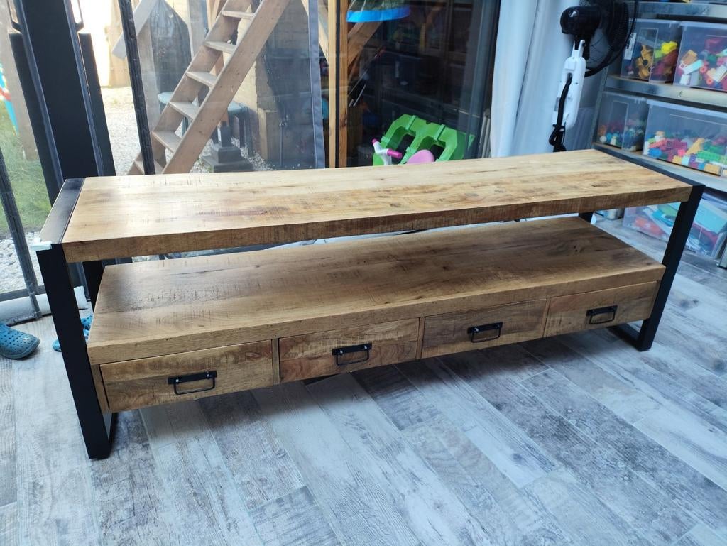 Stoer TV-meubel/dressoir van mangohout en metaal, Gebruikt, 50 tot 75 cm, Industrieel, Modern, Stoer, Rechthoekig